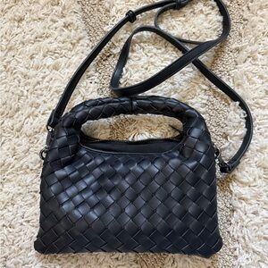 Woven Leather Top-Handle Crossbody Bag - Black